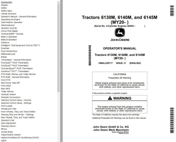 John Deere Tractors 6130M 6140M 6145M Operators Manual