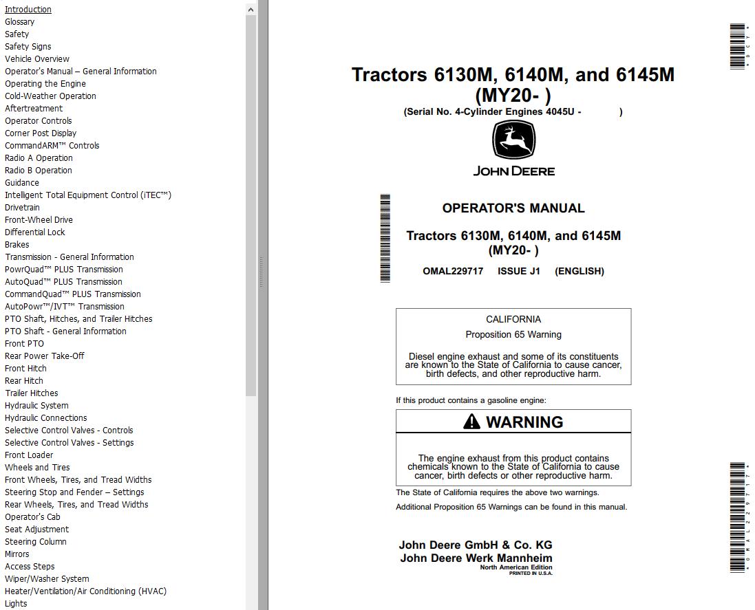 John Deere Tractors 6130M 6140M 6145M Operators Manual