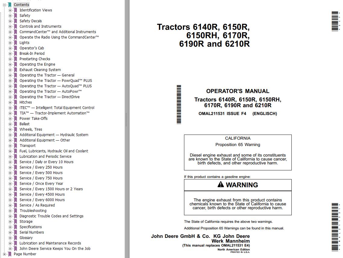 John Deere Tractors 6140R to 6210R Operators Manual