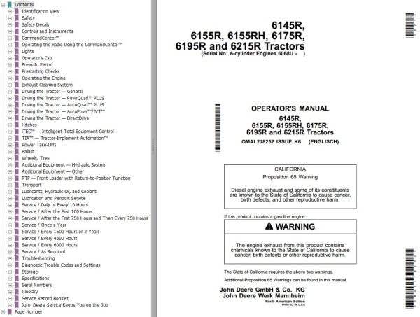John Deere Tractors 6145R to 6215R Operators Manual