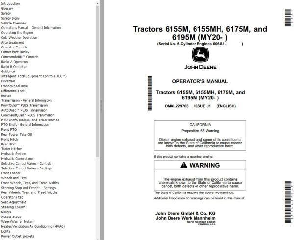 John Deere Tractors 6155M 6155MH 6175M 6195M Operators Manual