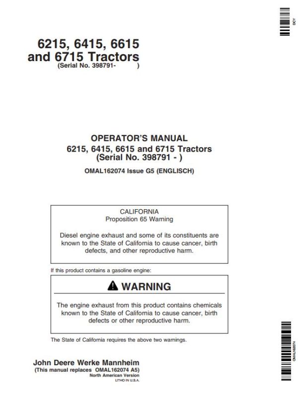 John Deere Tractors 6215 6415 6615 6715 Operators Manual