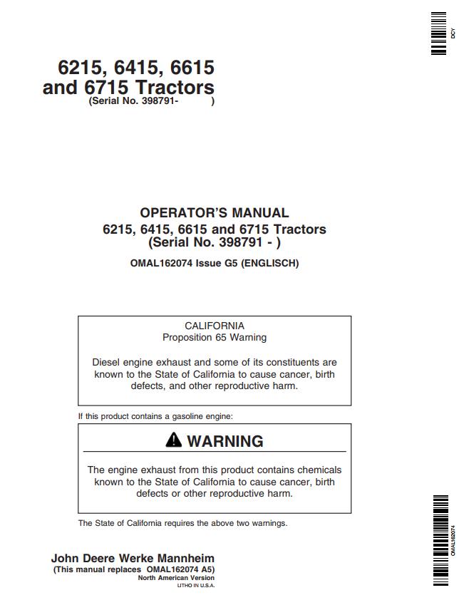 John Deere Tractors 6215 6415 6615 6715 Operators Manual