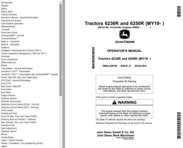 John Deere Tractors 6230R 6250R Operators Manual