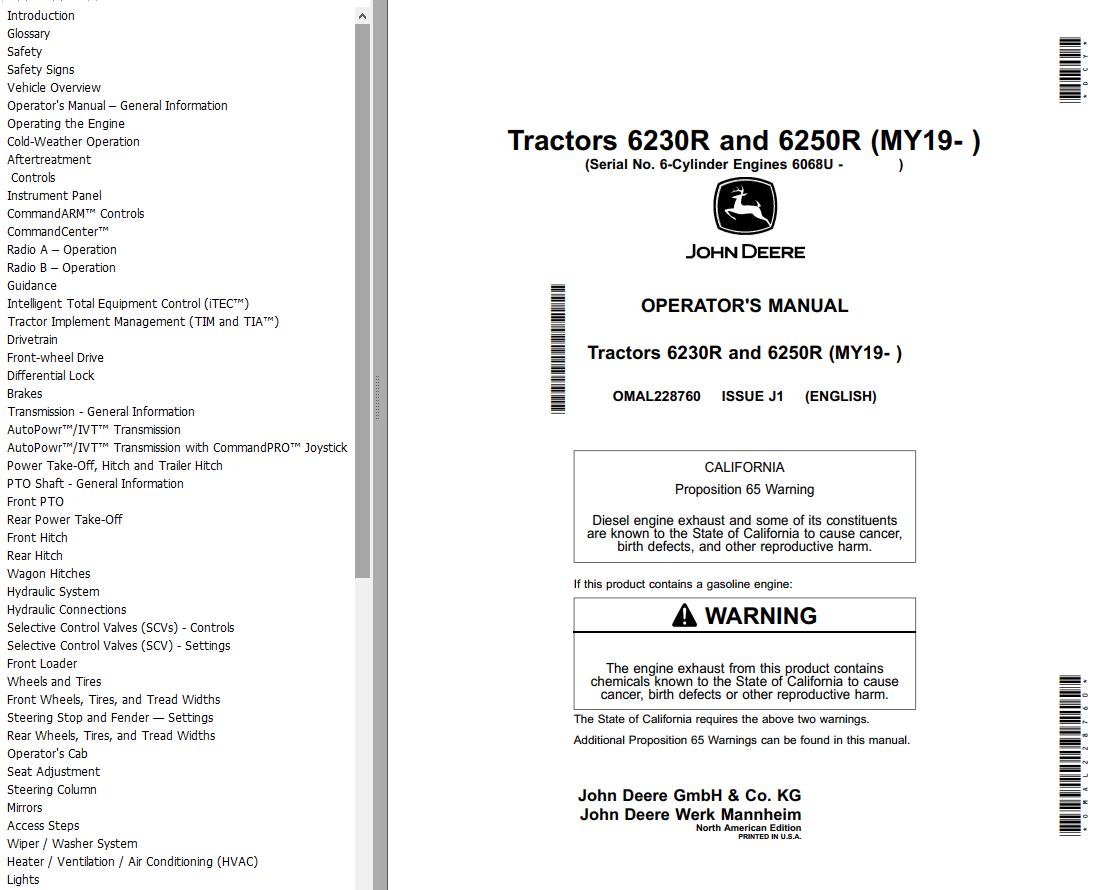 John Deere Tractors 6230R 6250R Operators Manual