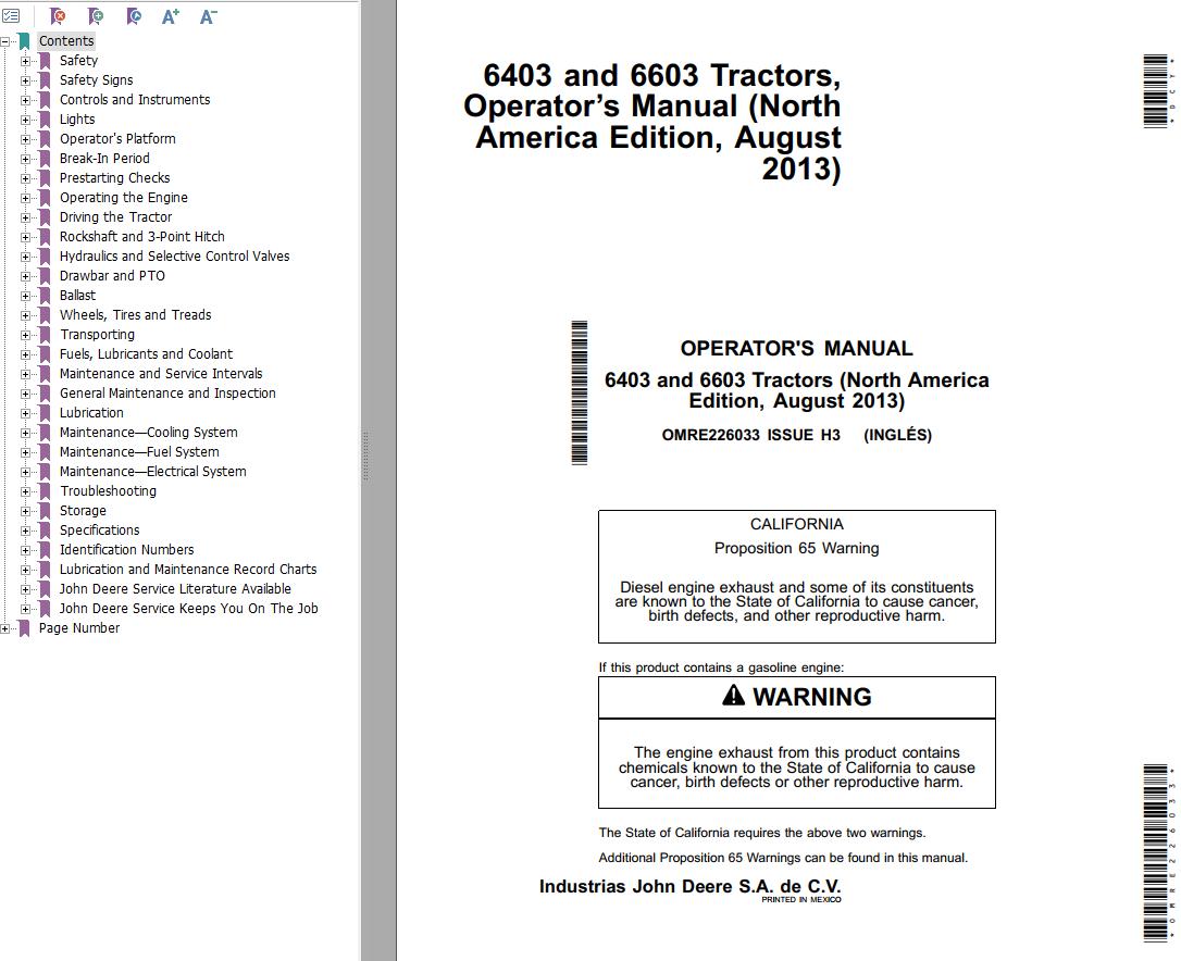 John Deere Tractors 6403 6603 Operators Manual