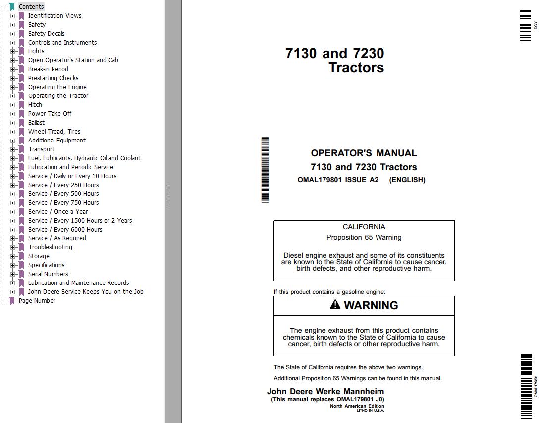 John Deere Tractors 7130 7230 Operartors Manual