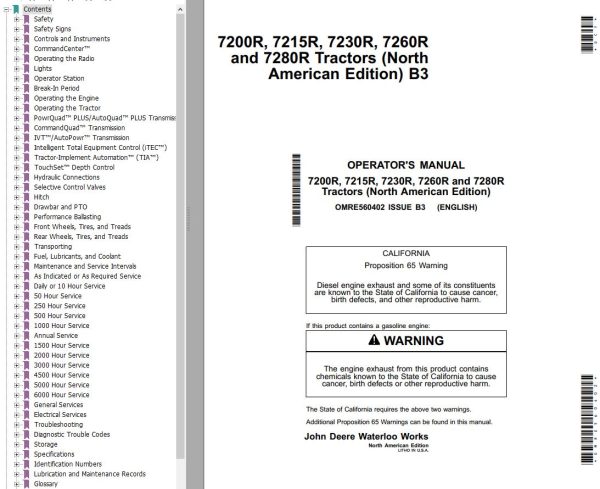 John Deere Tractors 7200R 7215R 7230R 7260R 7280R Operators Manual
