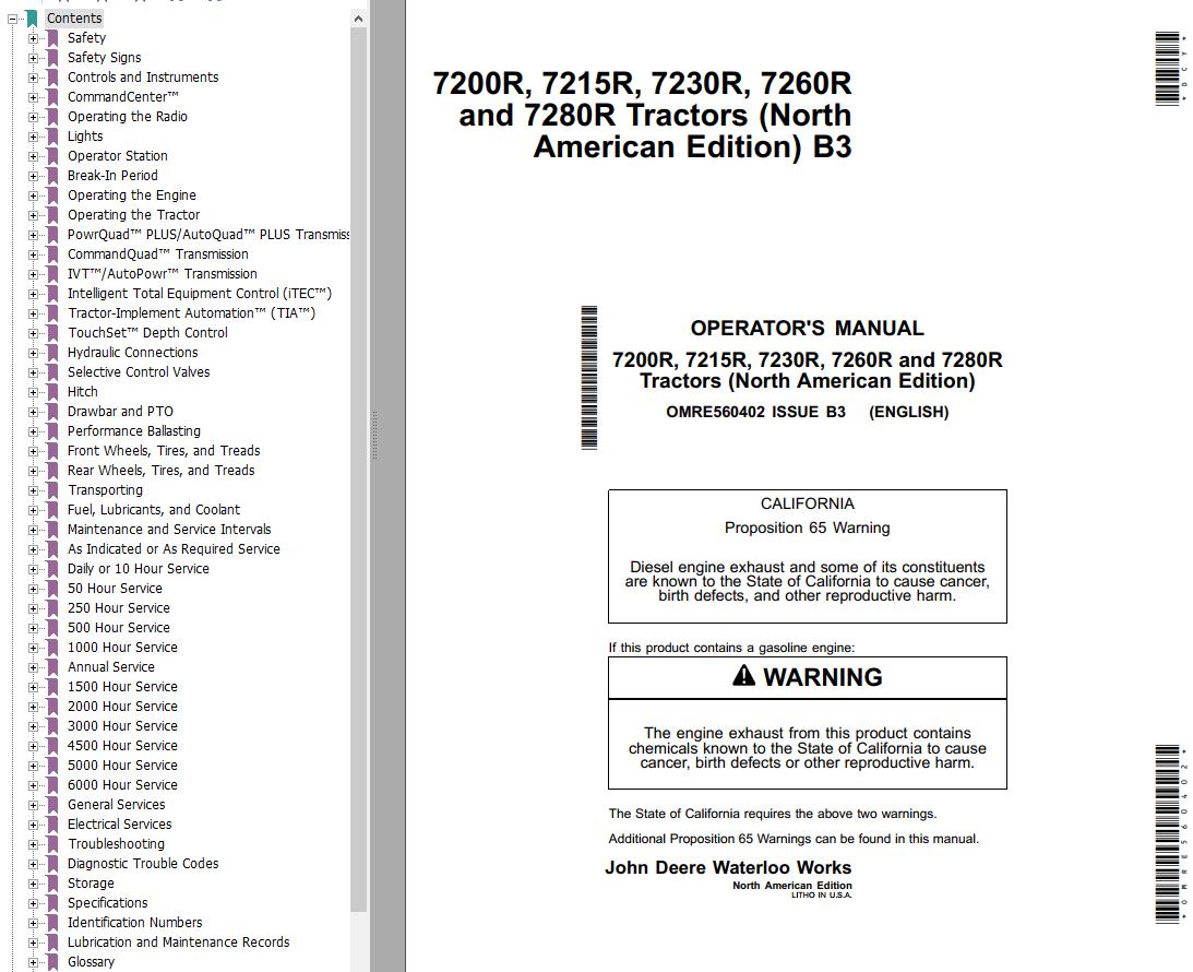 John Deere Tractors 7200R 7215R 7230R 7260R 7280R Operators Manual