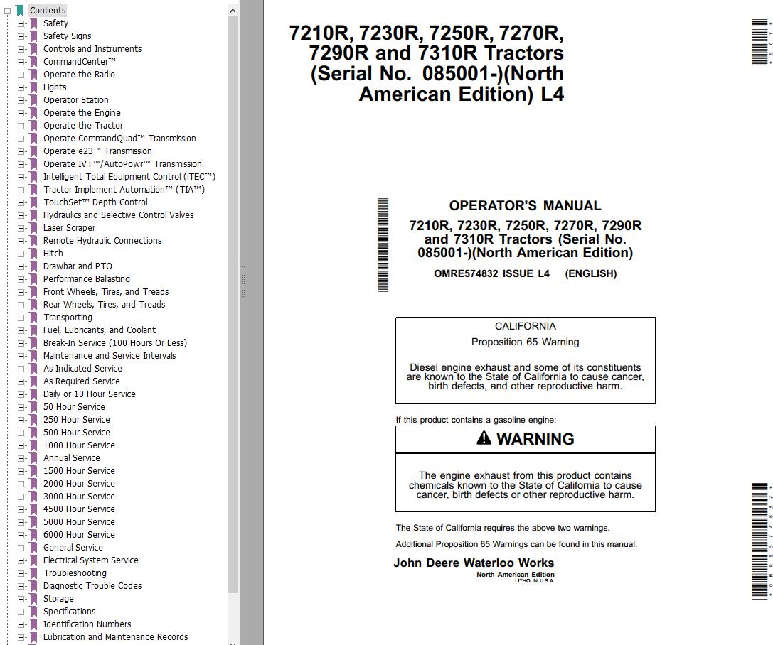 John Deere Tractors 7210R 7230R 7250R 7270R 7290R 7310R Operators Manual