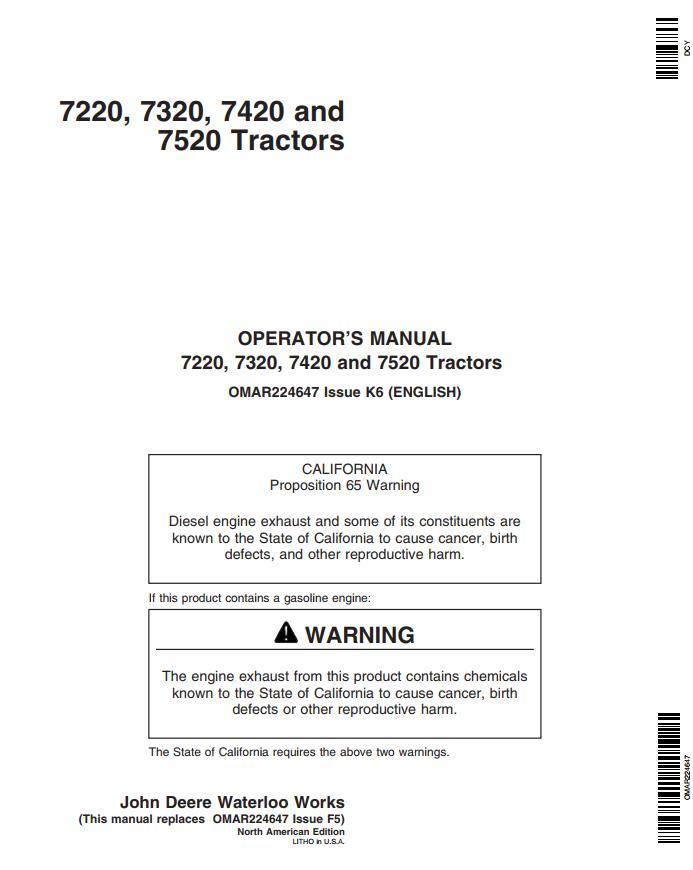 John Deere Tractors 7220 7320 7420 7520 Operators Manual