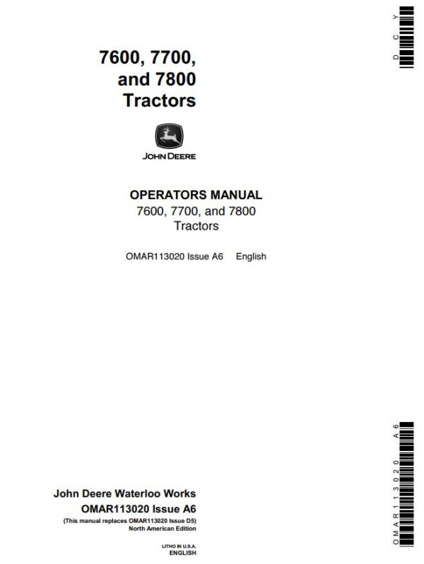 John Deere Tractors 7600 7700 7800 Operators Manual