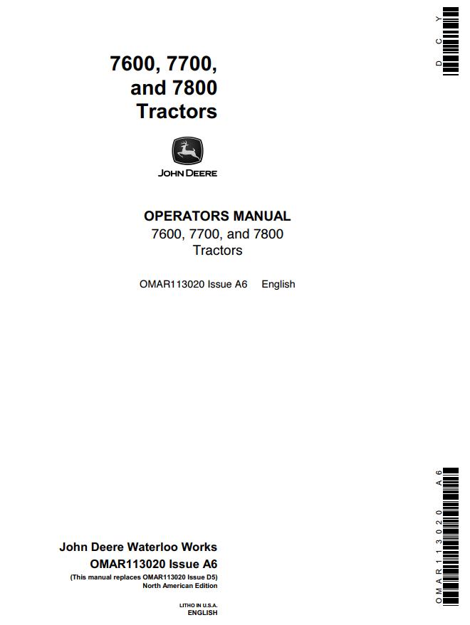 John Deere Tractors 7600 7700 7800 Operators Manual
