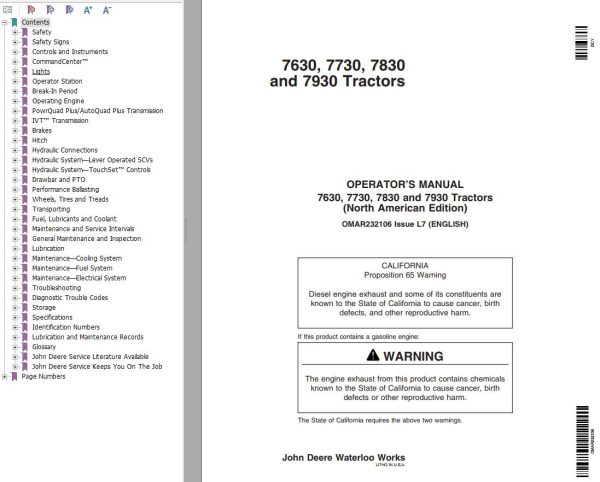 John Deere Tractors 7630 7730 7830 7930 Operators Manual