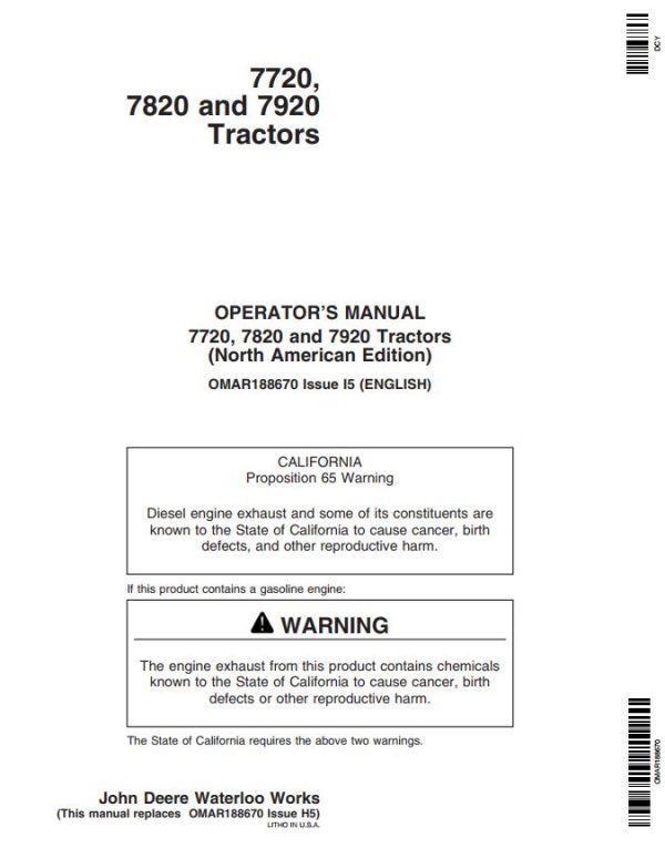 John Deere Tractors 7720 7820 7920 Operators Manual