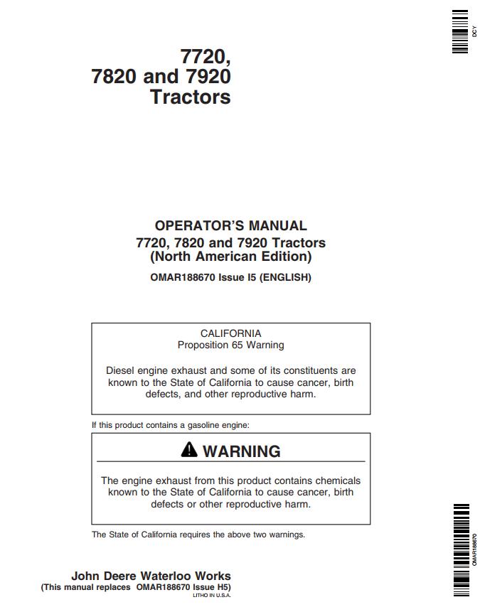 John Deere Tractors 7720 7820 7920 Operators Manual