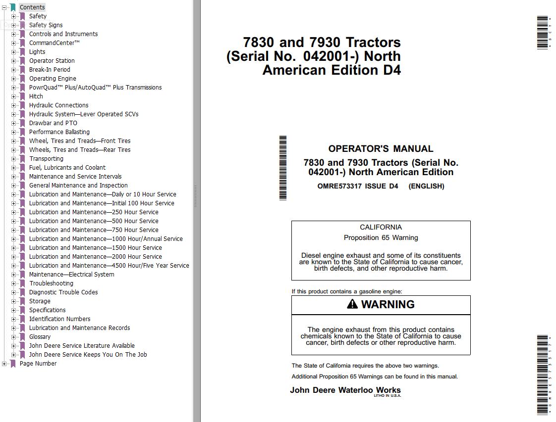 John Deere Tractors 7830 7930 Operators Manual