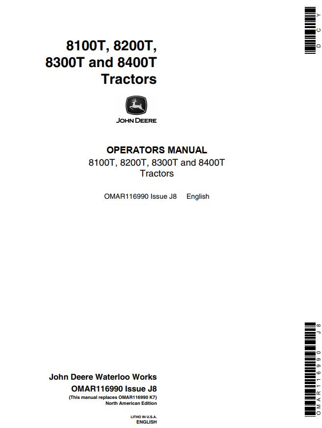 John Deere Tractors 8100T 8200T 8300T 8400T Operators Manual