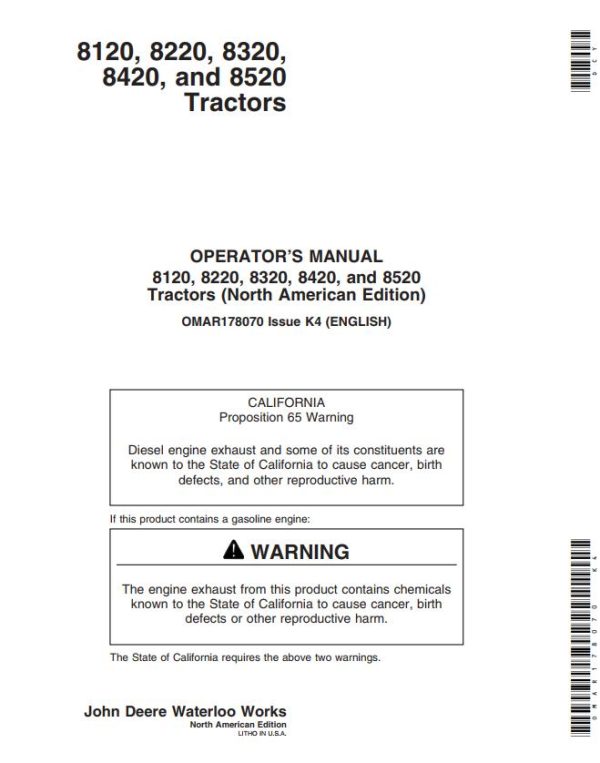 John Deere Tractors 8120 8220 8320 8420 8520 Operators Manual
