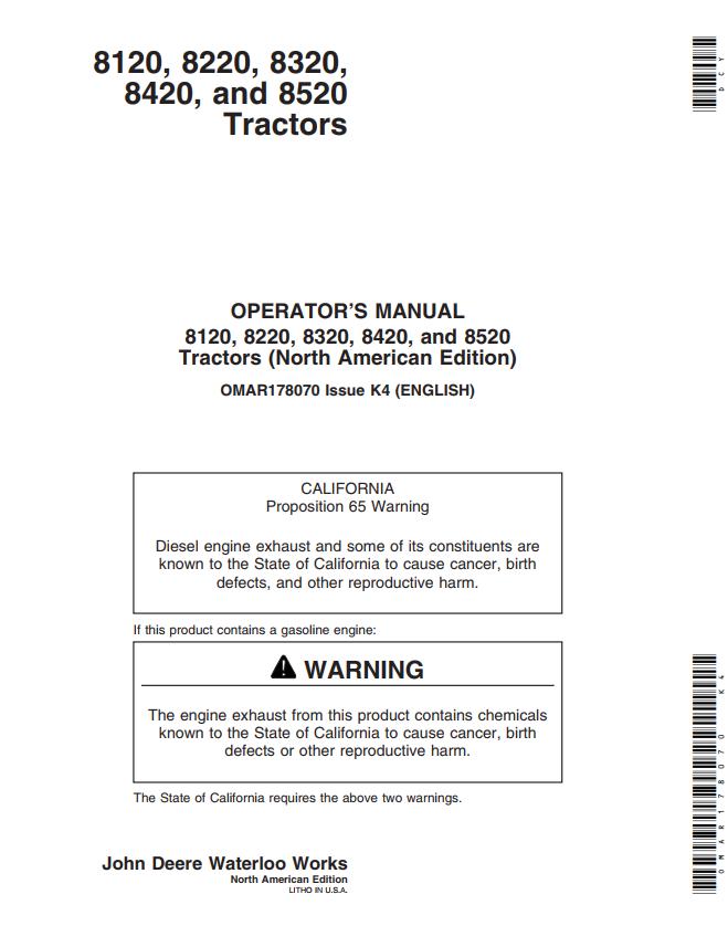 John Deere Tractors 8120 8220 8320 8420 8520 Operators Manual