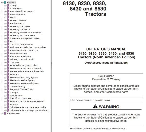 John Deere Tractors 8130 8230 8330 8430 8530 Operators Manual