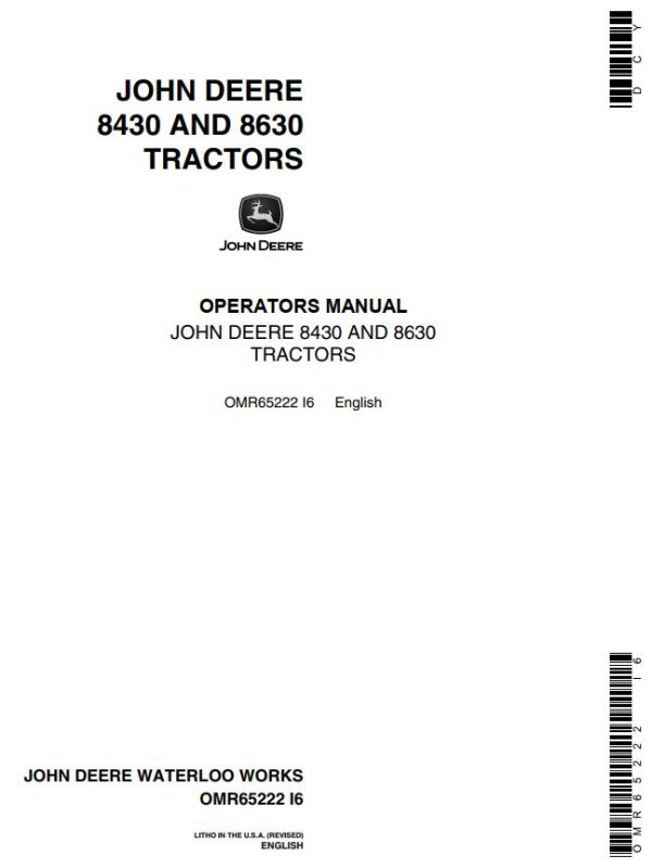 John Deere Tractors 8430 8630 Operators Manual