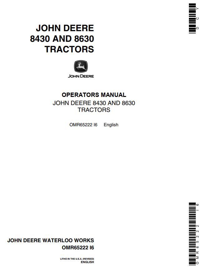 John Deere Tractors 8430 8630 Operators Manual