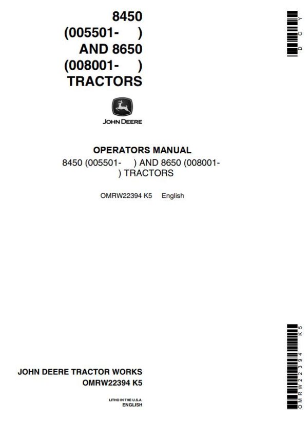John Deere Tractors 8450 8650 Operators Manual