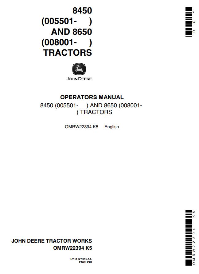 John Deere Tractors 8450 8650 Operators Manual