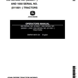 John Deere Tractors 850 950 1050 Operators Manual