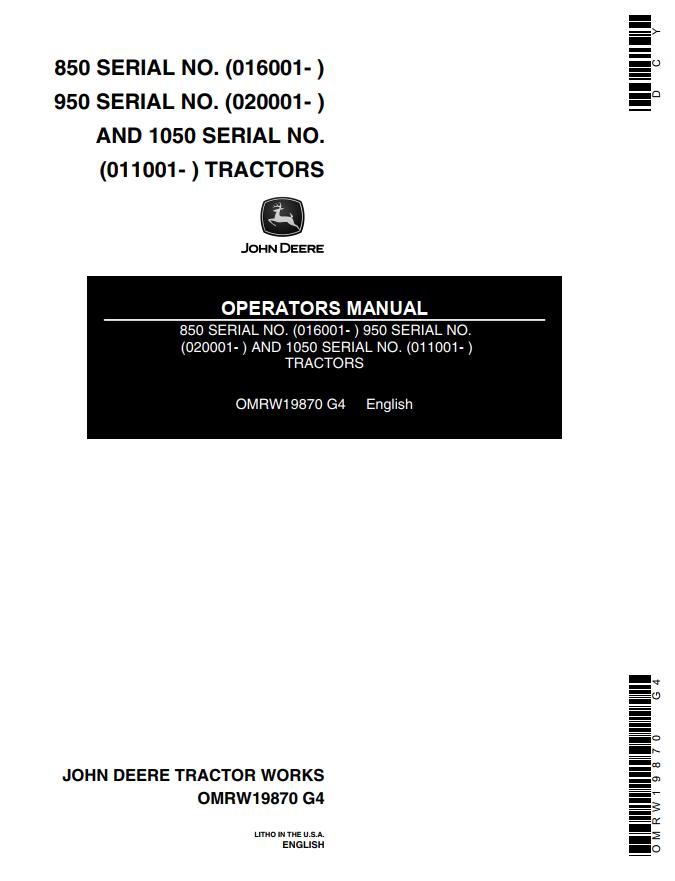 John Deere Tractors 850 950 1050 Operators Manual