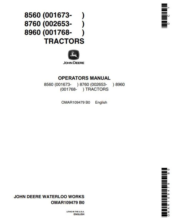 John Deere Tractors 8560 8760 8960 Operators Manual