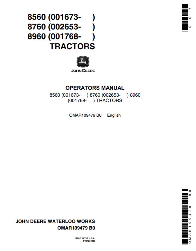 John Deere Tractors 8560 8760 8960 Operators Manual