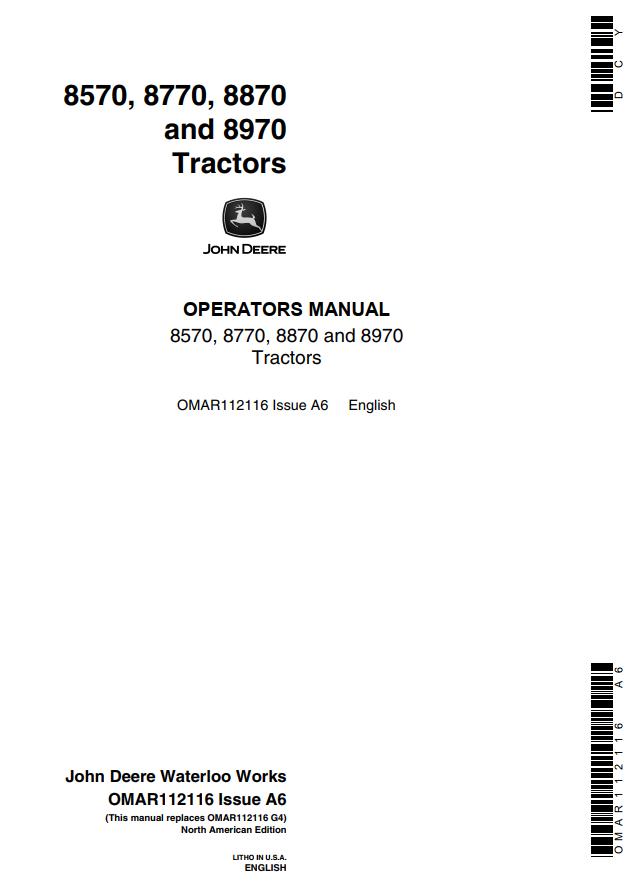 John Deere Tractors 8570 8770 8870 8970 Operators Manual
