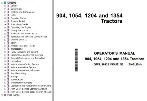 John Deere Tractors 904 1054 1204 1354 Operators Manual