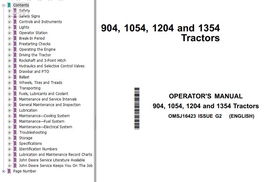 John Deere Tractors 904 1054 1204 1354 Operators Manual