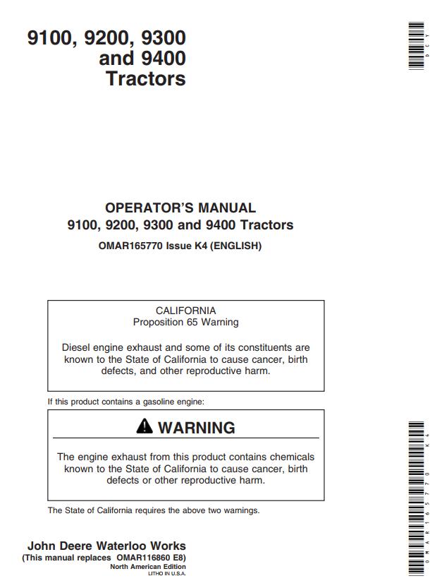 John Deere Tractors 9100 9200 9300 9400 Operators Manual 1