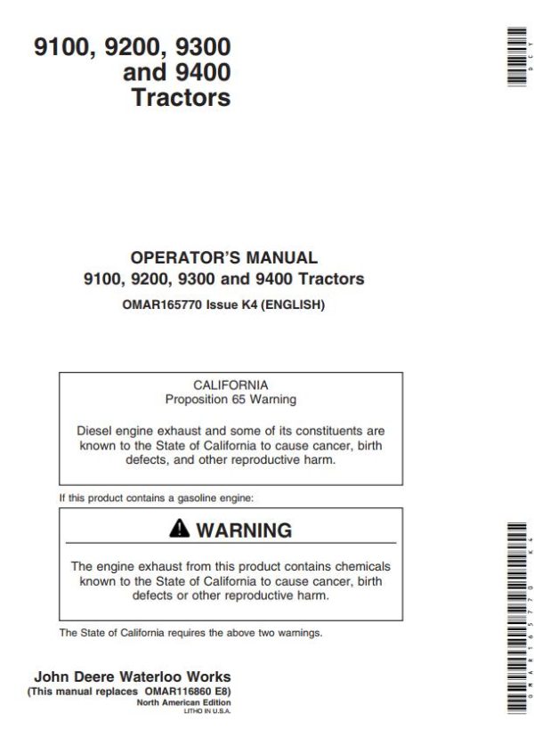 John Deere Tractors 9100 9200 9300 9400 Operators Manual