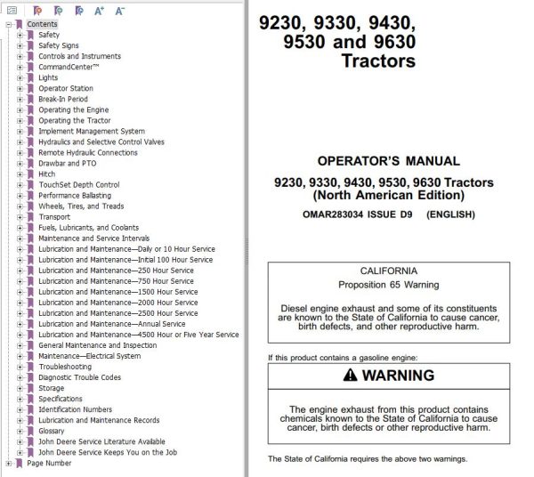 John Deere Tractors 9230 9330 9430 9530 9630 Operators Manual