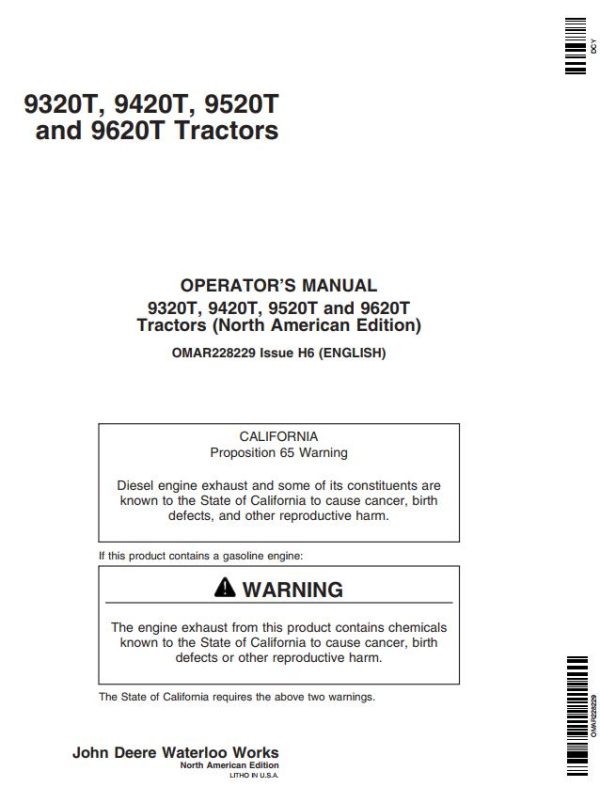 John Deere Tractors 9320T 9420T 9520T 9620T Operators Manual