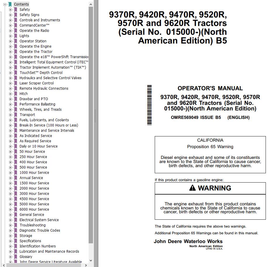 John Deere Tractors 9370R to 9620R Operators Manual