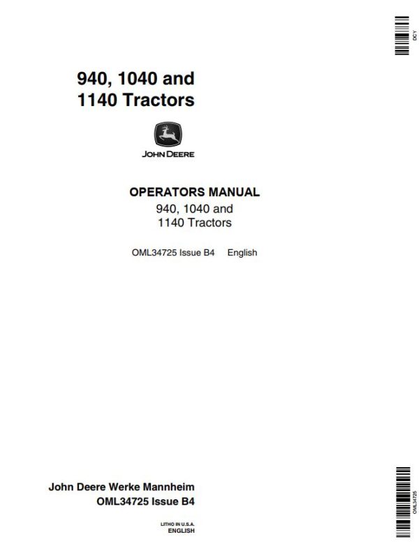 John Deere Tractors 940 1040 1140 Operators Manual
