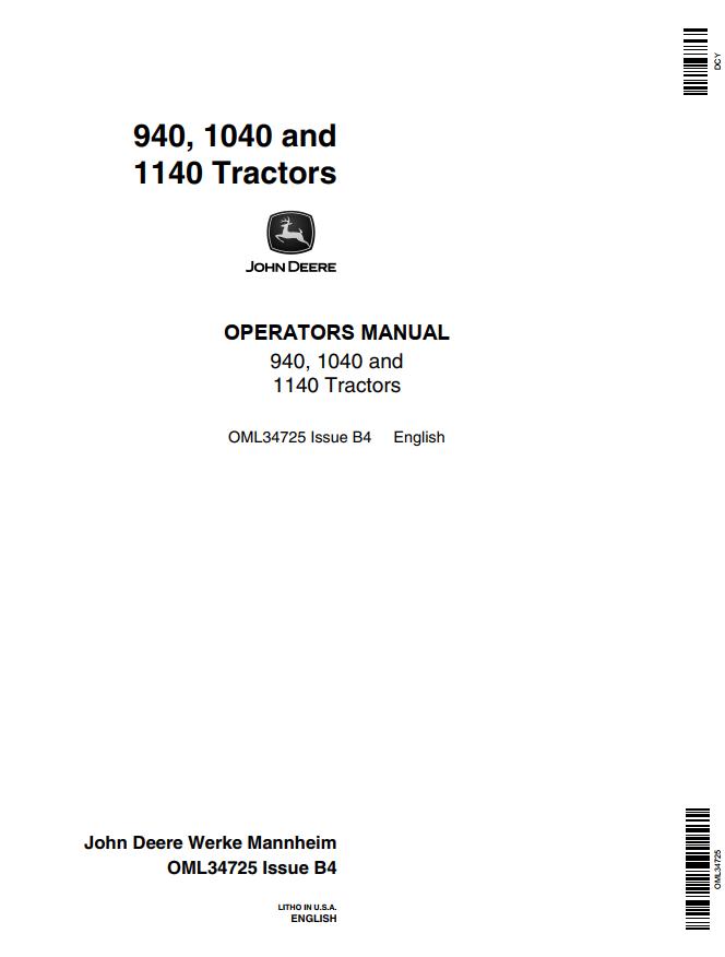 John Deere Tractors 940 1040 1140 Operators Manual