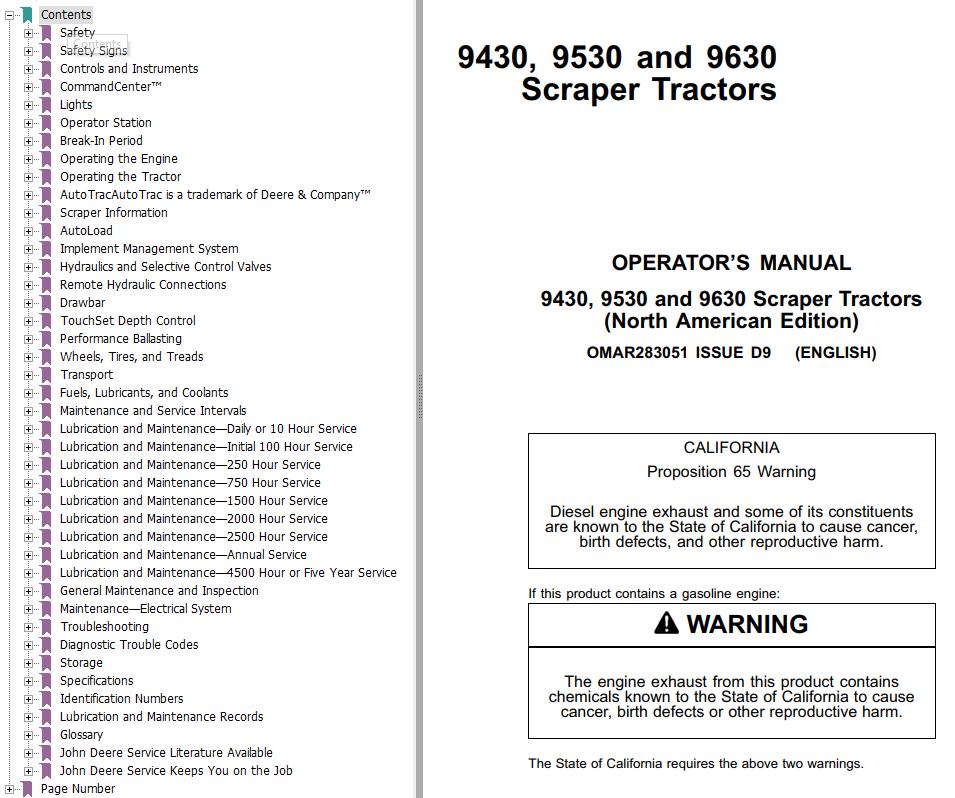 John Deere Tractors 9430 9530 9630 Operators Manual