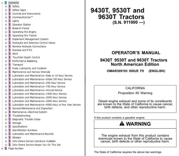 John Deere Tractors 9430T 9530T 9630T Operators Manual