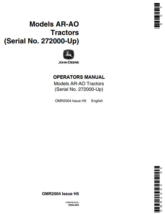 John Deere Tractors AR AO Operators Manual