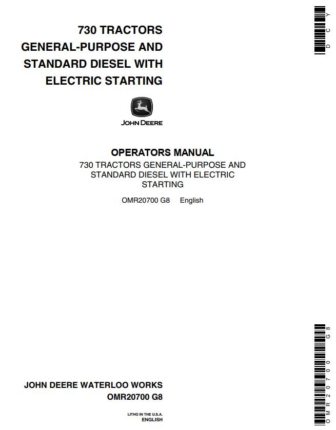 John Deere Tractors Diesel with Electric Starting 730 Operators Manual