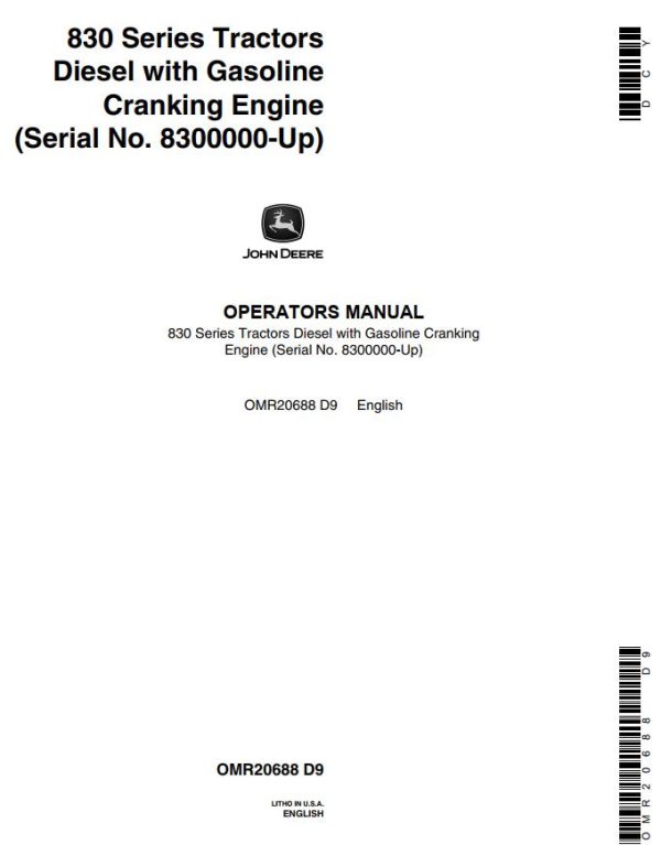 John Deere Tractors Diesel with Gasoline Cranking Engine 830 Series Operators Manual