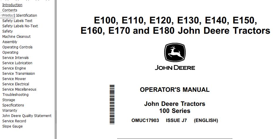 John Deere Tractors E100 to E180 Operators Manual