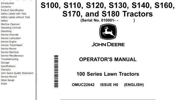 John Deere Tractors S100 to S180 Operators Manual